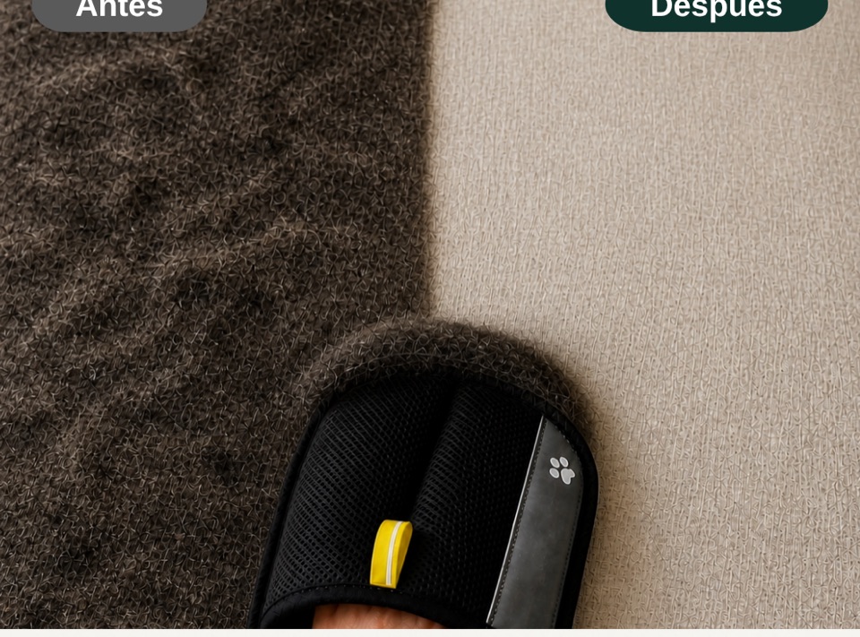 Antes y después en un cojín: pelos a la izquierda, limpio a la derecha, con el guante PYAE