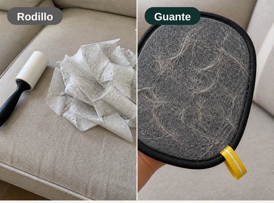 Rodillo adhesivo con hojas usadas frente al guante PYAE reutilizable