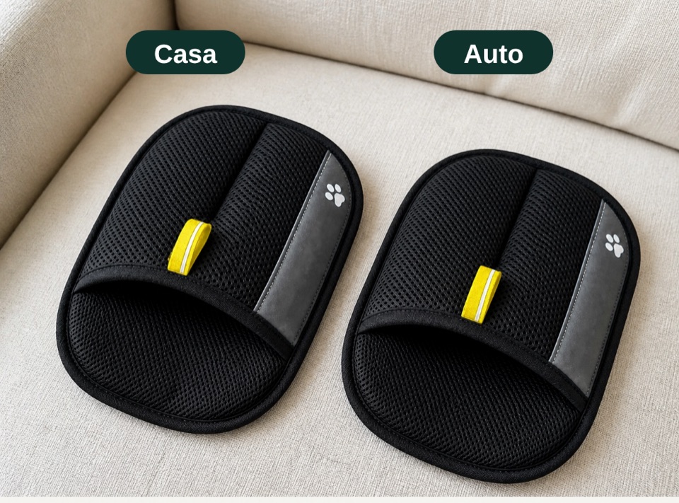 Dos guantes PYAE sobre un sofá: uno para casa y otro para el auto